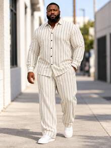 Men's Plus Size Shirt Set, Autumn Textured Fabric Casual Plus Size Set For Men, Suitable For Daily Wear Plus Size Men's Clothing - Multicolor - View 2