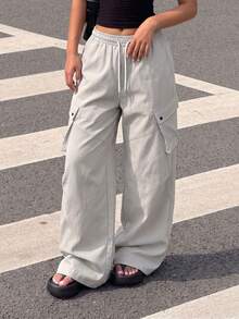 Teen Girls White & Gray Drawstring Wide Leg Cargo Pants, American Street Style Loose Pleated Functional Casual Long Pants - Beige - View 2