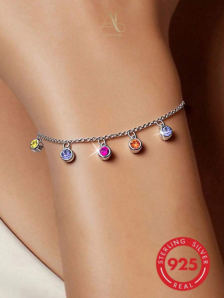 1pc Sweet Niche S925 Sterling Silver Colorful Zirconia Pendant Thin Chain Bracelet, Versatile Summer Jewelry Gift For Women
