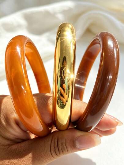 3pcs/1pc Exquisite Vintage Acrylic Bracelet Set, Fashionable Cylinder Design, Suitable For Daily Casual Wear, Women's Fashion Jewelry, Acrylic Material, No Inlay Craft, Suitable For All Year Round, Used For Daily, Party And Vacation Occasions