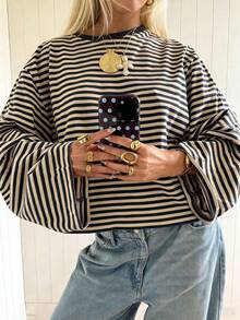 ALA Women's Autumn Colorblock Horizontal Striped Loose Drop Shoulder Round Neck Long Sleeve T-Shirt, Suitable For Daily Outings And Back To School Season - Khaki - View 3