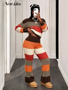 طقم نسائي من قطعتين بتصميم كتل لونية وخطوط محبوكة، كنزة بأكمام طويلة وياقة دائرية وبنطال واسع، بدلة رياضية كاجوال للخريف - متعدد الألوان - مشاهدة 6