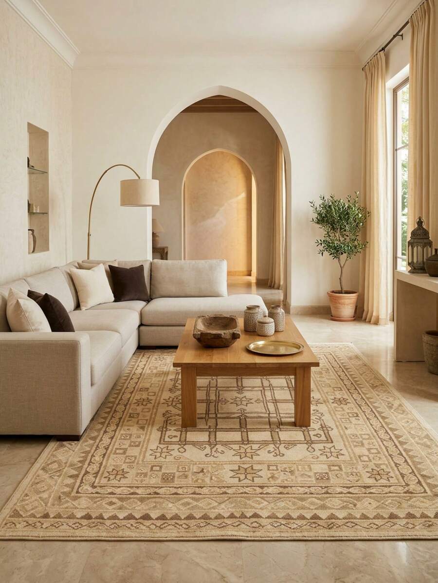 1PC Beige Brown Geometric Star Grid Pattern Vintage Oriental Rug, Traditional Faux Cashmere Rectangular Area Carpet With Center Grid, Multi-Pointed Star And Diamond Border Details, Machine Washable, Suitable For Living Room/Bedroom, Warm Tone Home Decor For Autumn/Winter - Multicolor - View 1