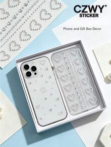 1pc Silver Hollow Rhinestone Heart Sticker, Computer Phone Decoration Sticker, Comes With Tweezers, Heart Chain Rhinestone Combination, Phone Case Gift Box, Self-Adhesive, Decorative Rhinestone Sticker - Heart-shaped - View 1