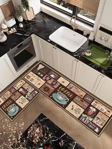 SANJIANGDI 1pc Retro Coffee Collage Kitchen Rug Pattern Kitchen Mat, 0.6mm Crystal Velvet Soft And Machine Washable.Suitable For Kitchen,Corridors, Bathrooms, Living Rooms, Outdoor Door Mats, And Toilets. Useable Throughout The Year And For Various Holidays. - Multicolor - View 9
