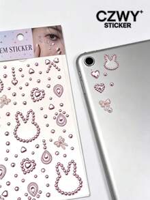 1pc Luxury Pink Tone Gemstone Rhinestone Decorative Sticker, Phone Laptop Decorative Sticker, Comes With Tweezers, Hollow Rabbit Shape Bowknot Water Drop Pattern, Suitable For Phone Case, Tablet, Earphone, Gift Packaging And More - Pink Version - View 1
