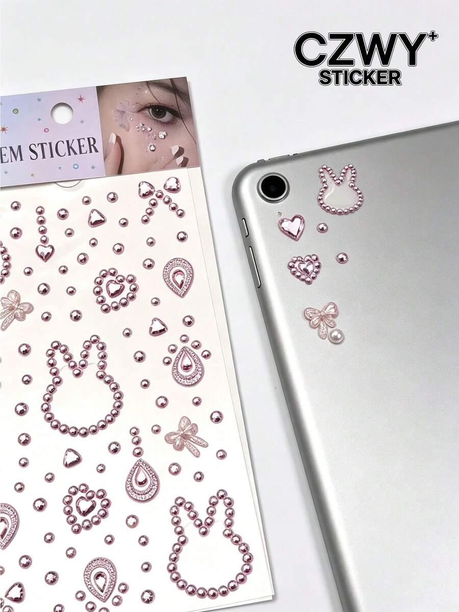 1pc Luxury Pink Tone Gemstone Rhinestone Decorative Sticker, Phone Laptop Decorative Sticker, Comes With Tweezers, Hollow Rabbit Shape Bowknot Water Drop Pattern, Suitable For Phone Case, Tablet, Earphone, Gift Packaging And More - Pink Version - View 1