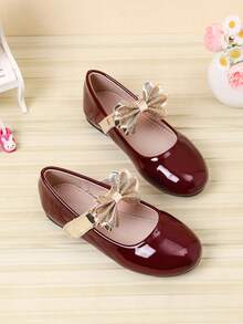1 Pair Beautiful Bow Flat Shoes For Girls, Autumn/Winter Daily Wear - Burgundy - View 1
