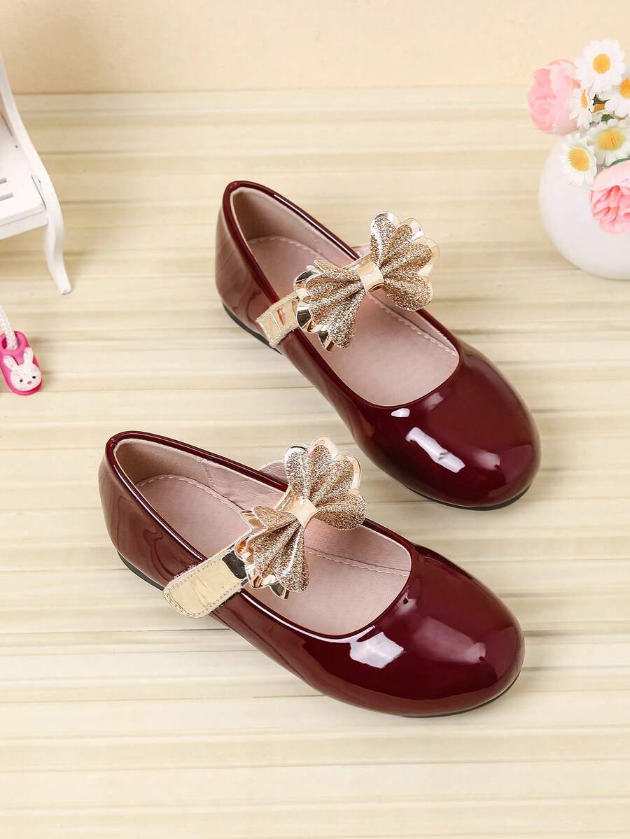1 Pair Beautiful Bow Flat Shoes For Girls, Autumn/Winter Daily Wear - Burgundy - View 1