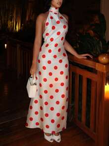 Elegant Sleeveless Halter Backless Polka Dot Long Dress For Women, Perfect For Party & Formal Occasions - White - View 4