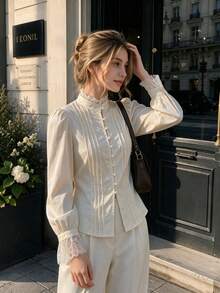 French Vintage Lace Trim Stand Collar Blouse For Women, Lace Patchwork Neckline And Cuffs, Puff Long Sleeves With Pearl Button Placket, Accordion Pleat Design, Elegant Commuter Style, Gentle Elegant, Suitable For Outings And Dates - Gold - View 8