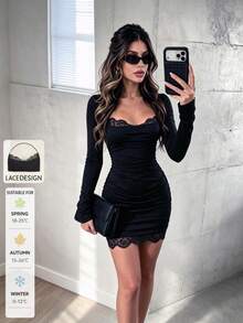 SUNSTORY Women's Autumn/Winter Elegant Casual Black Lace Patchwork Ruffle Square Neck Slim Fit Long Sleeve Short Dress, Suitable For Daily Wear, Music Festivals, Commuting, Party Outfits - Black - View 2