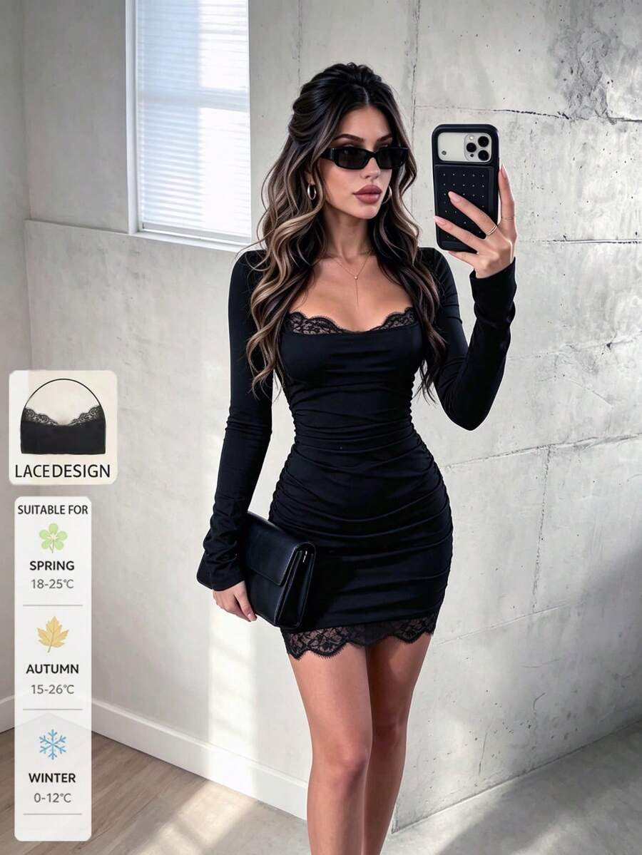 SUNSTORY Women's Autumn/Winter Elegant Casual Black Lace Patchwork Ruffle Square Neck Slim Fit Long Sleeve Short Dress, Suitable For Daily Wear, Music Festivals, Commuting, Party Outfits