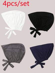4pcs Women's Solid Color Elastic Band Adjustable Beanie Cap, Chemotherapy Hat, Scarf Liner Inner Cap - 1#Black White Dark Grey Navy Blue - View 5