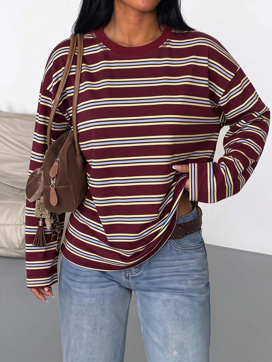 SDNGED Women's Casual Top, Striped Color Block Ribbed Fabric, Everyday Wear Spring/Autumn, Effortless Style