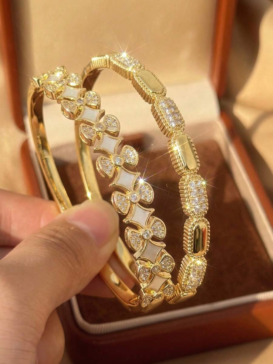 2Pcs Vintage Elegant Gold Bangle Set For Women, Stainless Steel,Pave CZ Rectangle & Bow‑Shaped Shell Inlay Open Cuff,Daily Party Wedding Birthday - Multicolor - View 1