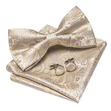 4Pcs Men Apricot Paisley Jacquard Bow Tie Pocket Square Cufflinks Brooch Set For Wedding Business Party - Apricot - View 3