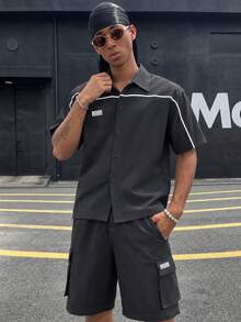 HOMIIE Men Black 2 Pieces Matching Set, Contrast Piping Short Sleeve Lapel Button Shirt & Multi Pocket Cargo Shorts,Patch Label Streetwear Daily Outfit - Black - View 1