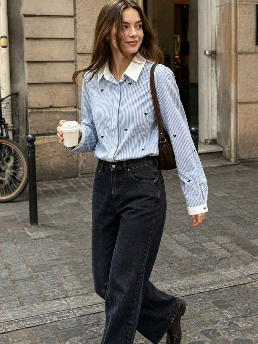 Women's Contrast Color Patchwork Collar Striped Casual Shirt Spring - Baby Blue - View 1