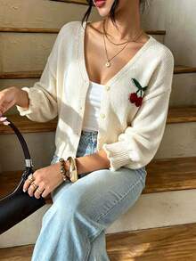 Cardigan Rajut Lengan Panjang Kancing Leher V Motif Ceri Ukuran Plus Kasual - Aprikot - View 3