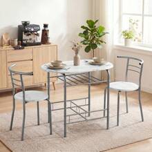 3-Piece Dining Table Set , Metal Frame Wood Top Breakfast Bar Table Set 2, Dining Table/Storage Shelf & 2 Chairs On-Site - White + Engineered Wood - View 2