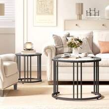 Round Coffee Tables Set Of 2, Nesting Tables With Tempered Glass Top And Steel Frame, Black On-Site - Black + Tempered Glass - View 7