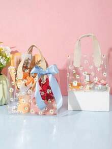 1/3/5pcs Beige And Pink Transparent PVC Gift Tote Bags, Cute Daisy Pattern Reusable Gift Bags, Suitable For Supermarket Shopping, Travel Vacation, Holiday Essentials, Halloween, Christmas Gifts - Multiple Styles - View 3