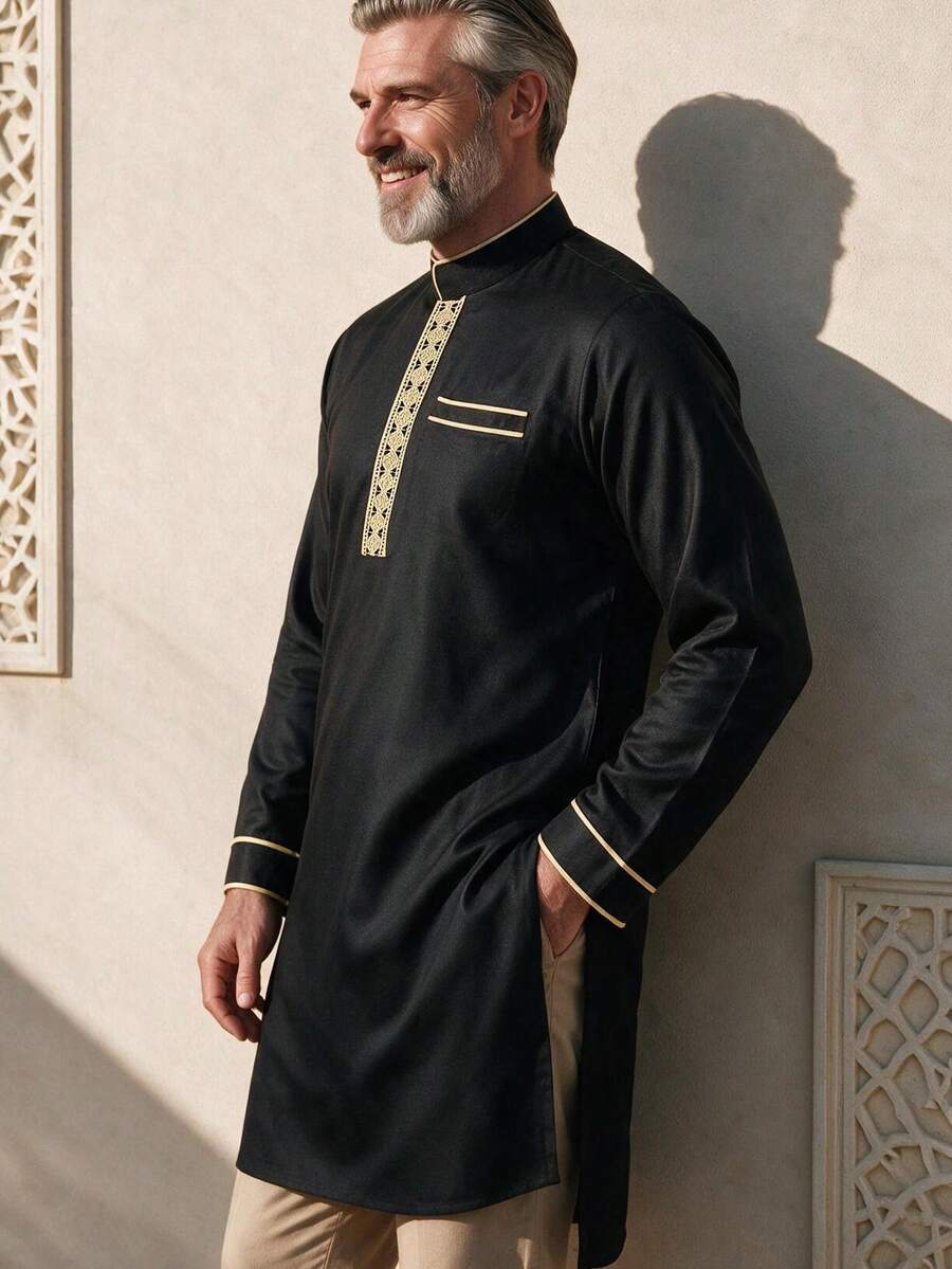 GOLDREDY Men's Casual Traditional Middle Eastern Wear, Heavy Craftsmanship, Flowing Elegant Split Mid-Length Robe, Minimalist Festival, Long Sleeve Robe - Black - View 1