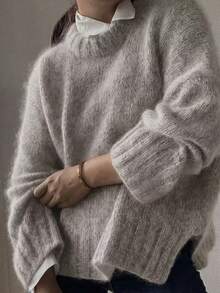 女款秋冬新款寬鬆休閒復古極簡特種紗線針織毛衣，基礎上衣，秋季返校穿搭，6%羊毛，端莊女裝，Y2K，韓系外出上衣 - 灰色 - 查看 1