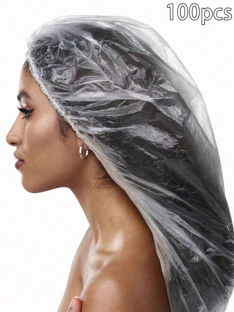 100pcs/50pcs Disposable Shower Caps, Plastic Transparent Large Size Extra Long Elastic Waterproof Bath Cap, Women's Portable Travel Hair Care Essential - White - View 1