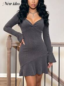 NEW IDEA Women's Casual Elegant Gray Fall Winter Short Dress, Deep V Flare Long Sleeve Ruffle Hem Bodycon Dress For Night Out, Daily Going Out, Party - Grey - View 6