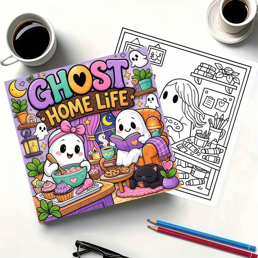 1 Book 24 Pages Ghost Coloring Book - Bold And Simple Halloween Coloring Pages, Depicting Friendly Ghosts Engaging In Daily Activities In A Warm And Fun Haunted House. Cleverly Blending Halloween Fun And Cozy Daily Life, Suitable For Children And Adults Who Love Friendly Halloween Characters, Perfect Gift For Birthday, Halloween, Christmas And Other Holidays