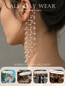 1pc Multi-Layer Pearl Beaded Long Tassel Ear Hook, Non-Pierced Dangle Earrings, Women's Bridal Wedding Ball Evening Party Accessory - Rhinestones - View 4