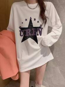 女款時尚秋冬寬鬆百搭字母與星星印花長袖T恤 - 白色 - 查看 7