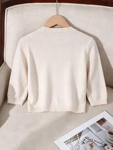 Women's Elegant Round Neck Floral Embroidered Front Button Casual Sweater, Suitable For Spring, Autumn And Summer - Apricot - View 4