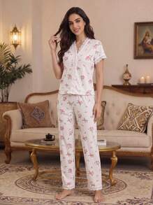 Elegant Cherry Print Women's Pajama Set - V-Neck Lace Trim Top And Slim Fit Pants, Comfortable Polyester Blend 2 Pieces Set - White - View 2