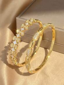 2Pcs Vintage Elegant Gold Bangle Set For Women, Stainless Steel,Pave CZ Rectangle & Bow‑Shaped Shell Inlay Open Cuff,Daily Party Wedding Birthday - Multicolor - View 9