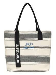 Striped Woven Tote Bag, Letter Printed Webbing Decor Large Capacity Shoulder Handbag, Wide Shoulder Strap Casual Bag For Women Daily Work School - Multicolor - View 12