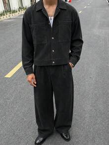 HOMIIE Men's Black Corduroy 2 Pieces Set, Lapel Button-Front Short Jacket & Wide Leg Pants, Vintage Streetwear Outfit - Black - View 4