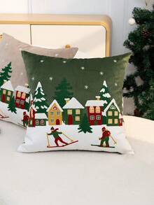 1件綠色聖誕滑雪刺繡枕套，聖誕樹枕套，適合室內裝飾，聖誕裝飾，四季通用枕套，不含枕芯 - 綠色 - 查看 7