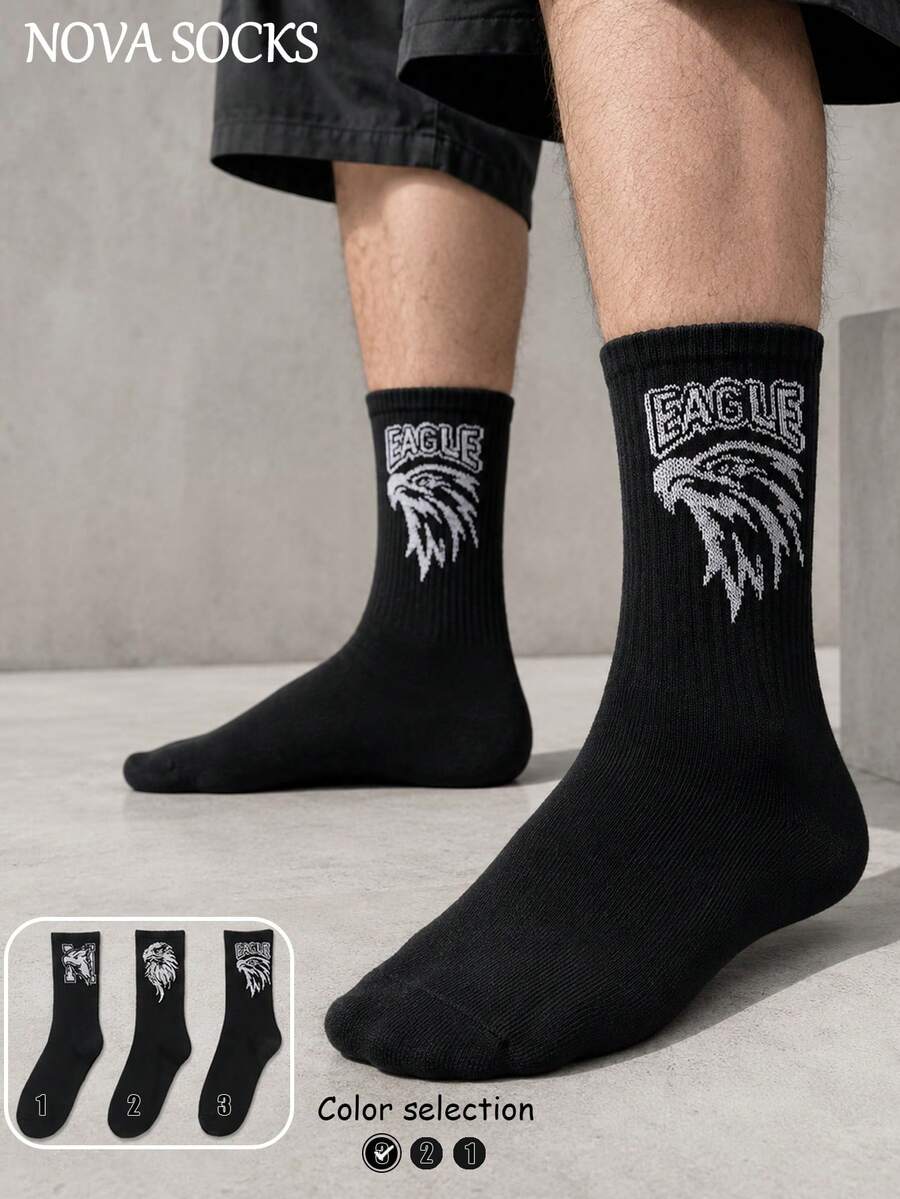 1/3 Pairs Men's Mid-Calf Socks With Lettering, Black Socks, Eagle Pattern, Suitable For Outdoor And Indoor, Unisex, Comfortable Fabric, Fashion, Sports, Gift For Men - Multicolor - View 1
