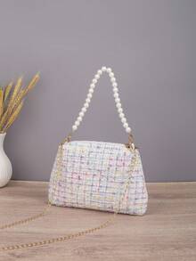 1pc Women's Pastel Tweed Evening Bag With Pearl Top Handle & Detachable Chain Strap, Elegant Mini Handbag For Party, Wedding & Date - White - View 9