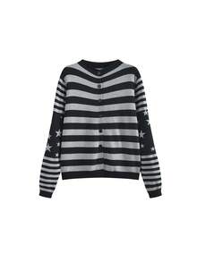 Women's Single-Breasted Casual Patchwork Star & Stripe Cardigan (Random Stripe) - Black - View 3