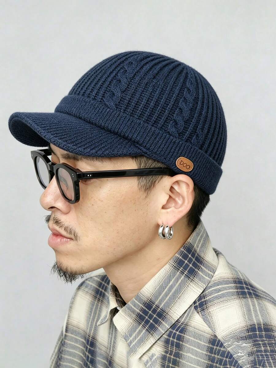 1pc Men's Knit Visor Beanie, Warm Minimalist Striped Textured Baseball Cap With Short Brim, For Winter Travel, Skiing, Daily Outings. - Solid Color Sew-on Label - View 1