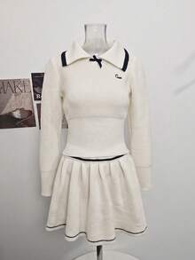 Soft Academy Style Contrast Color Bow White Knit Top & Slimming Waist-Cinching Skirt 2 Pieces Set For Women, Autumn - White - View 6