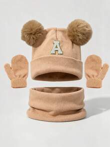 4pcs/Set Baby 26 Alphabet Pattern Double Pom Pom Knitted Hat, Scarf, Gloves Warm Cute Set, Suitable For Outdoor, Can Be Used As Birthday Gift - Khaki - View 3