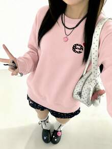 Minimalist Preppy Pink Long Sleeve Crew Neck Sweatshirt For Women, Heart & Letter Print, Loose Fit Pullover Top For Autumn/Winter - Pink - View 2