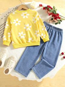 Girls Bright Yellow All-Over Daisy Print Crew Neck Sweatshirt & Denim Daisy Print Wide Leg Pants 2 Pieces Set - Yellow - View 2
