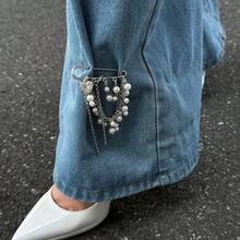 1pc Fashionable Faux Pearl Heart Pendant Pants Chain, Minimalist Tassel Chain Shortened Pants Chain, Sweet Cool Style Faux Pearl Chain Brooch Pants Decoration, Niche Design Jeans Accessory - Silver - View 7