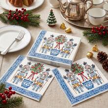 20/40/60Pcs,Nutcracker Soldier Disposable Paper Dinner Napkins,2-Ply Blue White Porcelain Border Topiary Tree Red Bow Print Dessert Tissues,Party Tableware Supply For Winter Holiday Party,Nutcracker Ballet Event,Winter Family Photoshoot,6.5*6.5 Inch - Multicolor - View 3